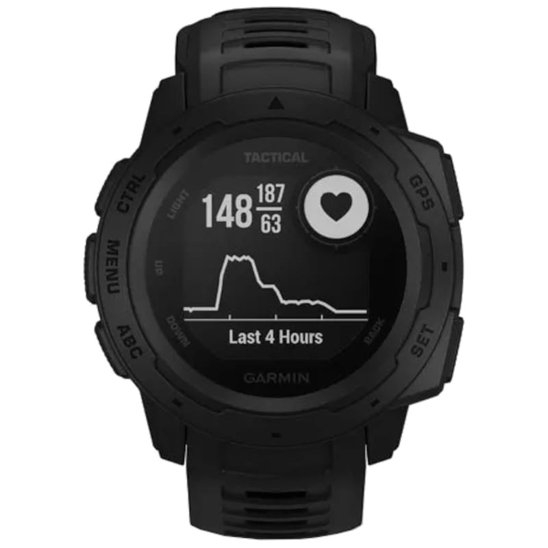 Carátula de reloj Garmin Instinct Tactical Edition negro, bisel robusto con botones etiquetados, pantalla monocroma con icono de mira y nivel de batería - Ítem3