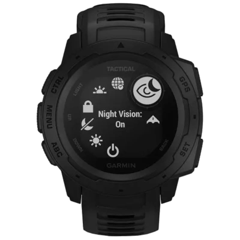 Carátula de reloj Garmin Instinct Tactical Edition negro, bisel robusto con botones etiquetados, pantalla monocroma con icono de mira y nivel de batería - Ítem4
