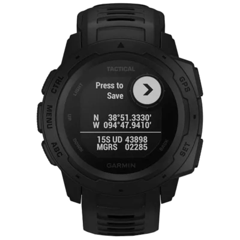 Carátula de reloj Garmin Instinct Tactical Edition negro, bisel robusto con botones etiquetados, pantalla monocroma con icono de mira y nivel de batería - Ítem6