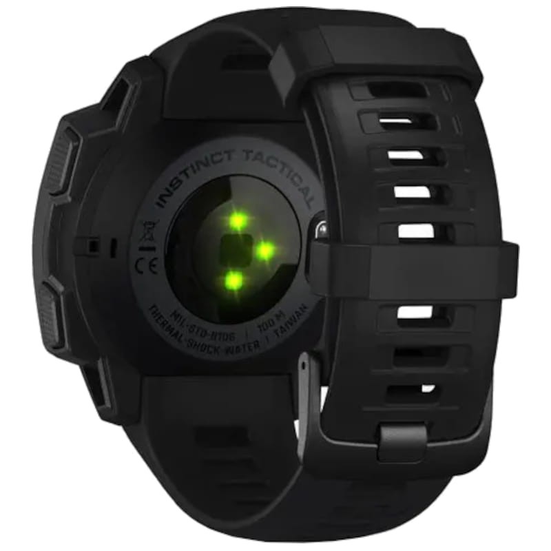 Carátula de reloj Garmin Instinct Tactical Edition negro, bisel robusto con botones etiquetados, pantalla monocroma con icono de mira y nivel de batería - Ítem7