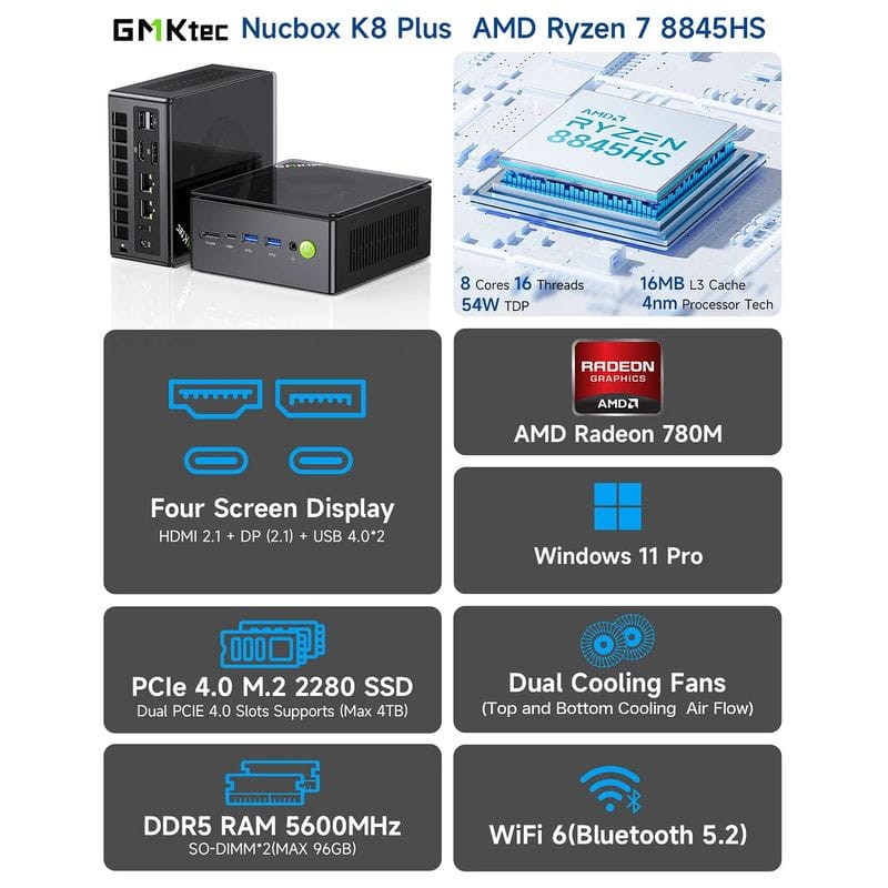 GMKtec K8 Plus AMD Ryzen 7 8845HS/Sem Ram/Sem SSD/Preto - Mini PC para jogos - Item1
