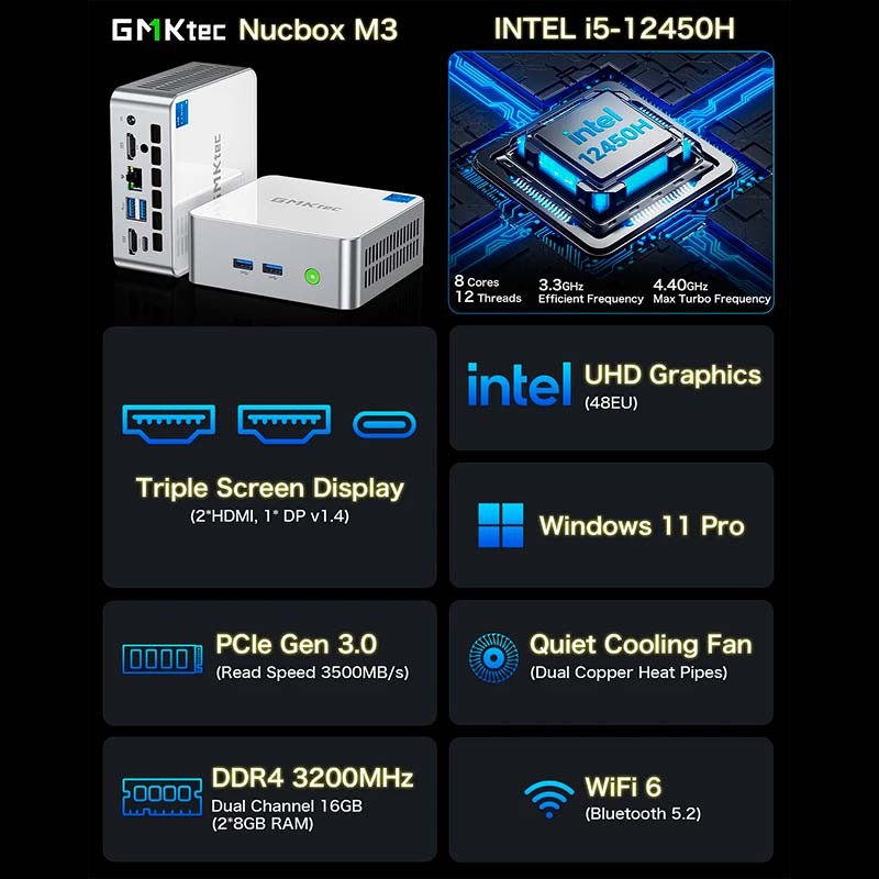 GMKtec NucBox M3 Intel i5-12450H/16Go/512Go SSD/Windows 11 Pro Argent - Mini PC - Ítem3