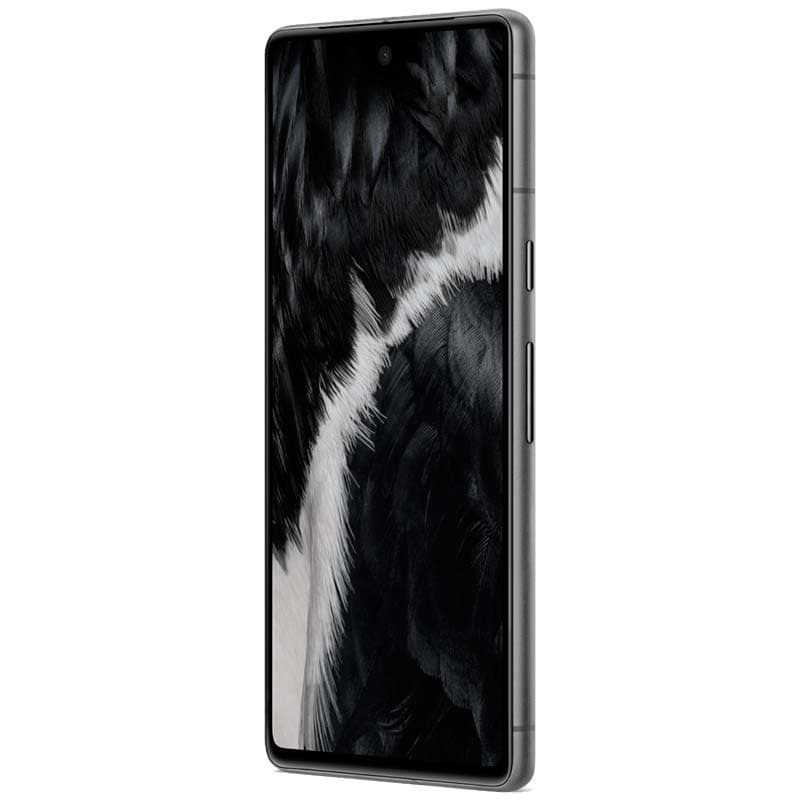 Smartphone noir élégant avec écran bord à bord, poinçon central pour la caméra avant, bords fins et boutons latéraux métalliques visibles