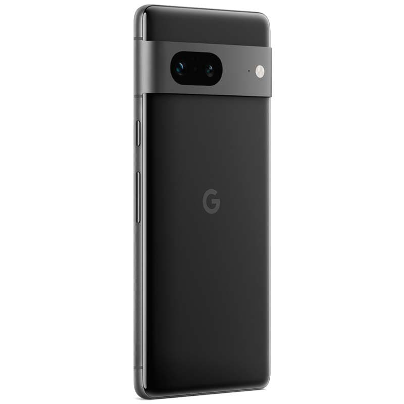 Dos noir mat du Google Pixel 7 avec barre caméra horizontale bicolore, double capteur et flash, lignes épurées, boutons latéraux discrets, finition premium