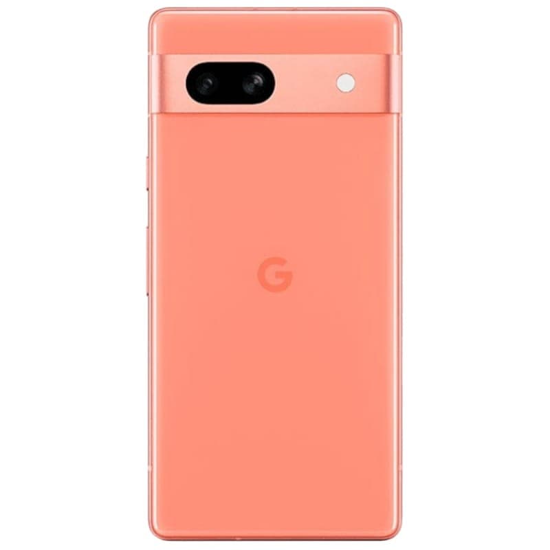 Dos du Google Pixel 7a 5G corail avec bande caméra noire, double objectif et flash, finition mate soignée, logo G centré, état excellent rénové