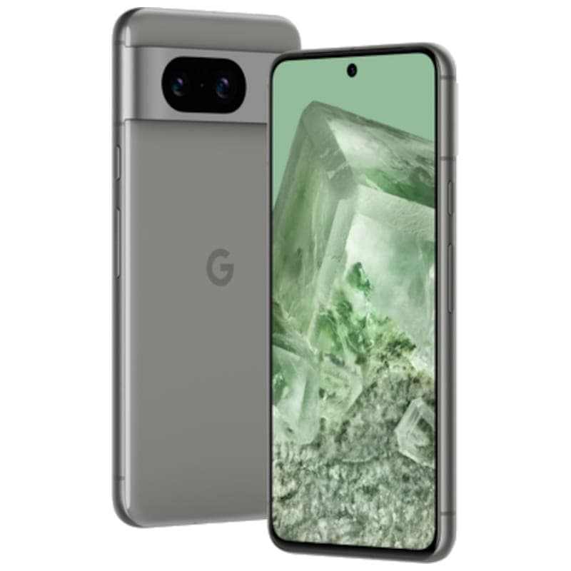 Google Pixel 8 5G verde liquen, 8 GB RAM y 128 GB. Pantalla OLED con perforación central, marcos delgados y cámara trasera dual horizontal. Renovado excelente