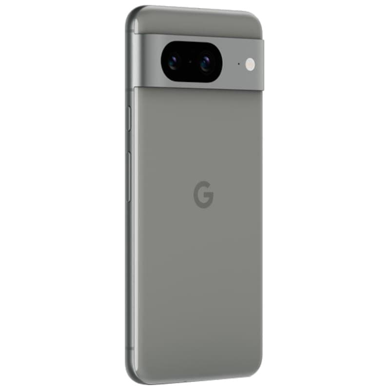 Google Pixel 8 5G Verde Liquen renovado, estado excelente; trasera gris verdosa con G central y barra de cámara horizontal dual con flash integrado