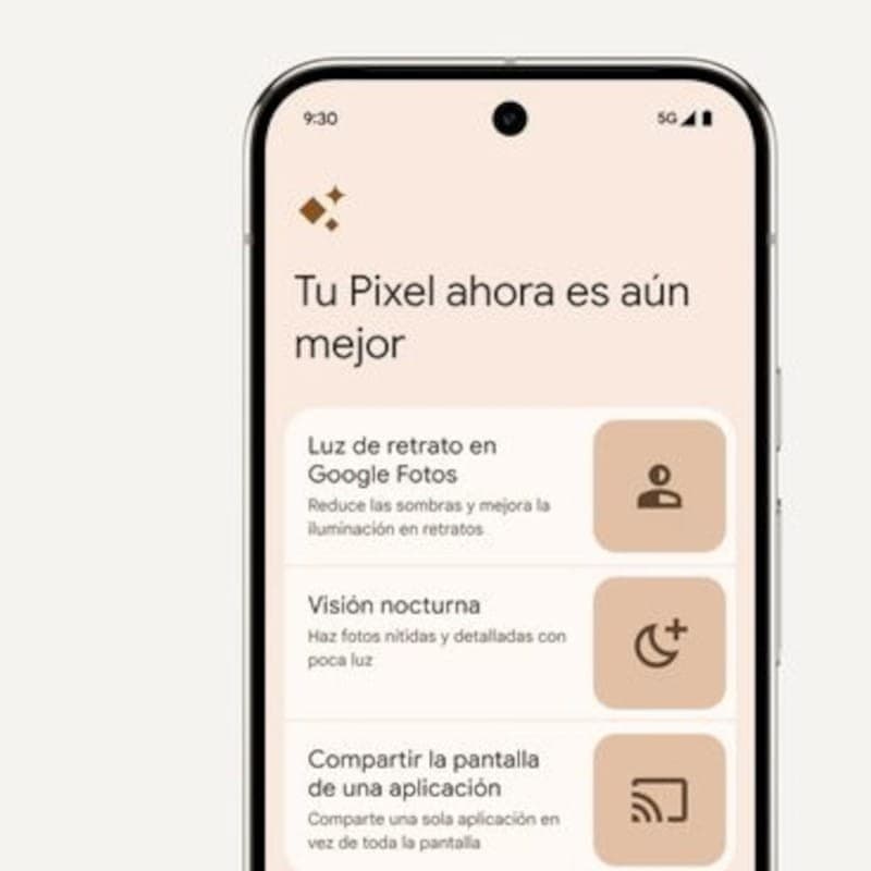 Pantalla frontal del Google Pixel 9 Pro XL 5G Porcelana, borde fino, cámara frontal centrada en orificio y interfaz con tarjetas de funciones en tonos beige