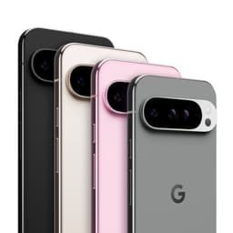 Módulo de cámara trasera horizontal del Pixel 9 Pro XL en acabados porcelana, negro, rosa y gris con bordes curvos y marco metálico brillante