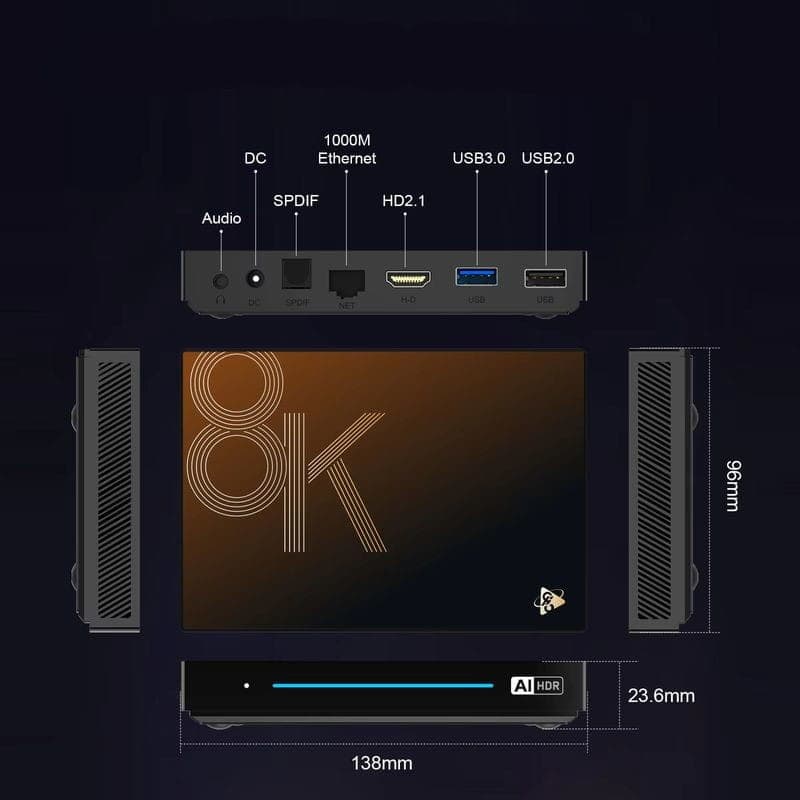 Dimensions de H96 MAX M9S 8K RK3576 4 Go/32 Go Wifi 6 Android 14 Noir - Android TV