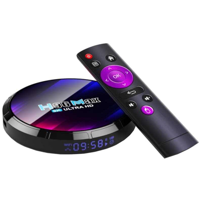 H96 MAX RK3528 Android 13 preto com box circular brilhante 8K Ultra HD, visor LED frontal e controle remoto ergonômico com botões roxos e pretos