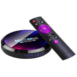 H96 MAX RK3528 Android 13 preto com box circular brilhante 8K Ultra HD, visor LED frontal e controle remoto ergonômico com botões roxos e pretos