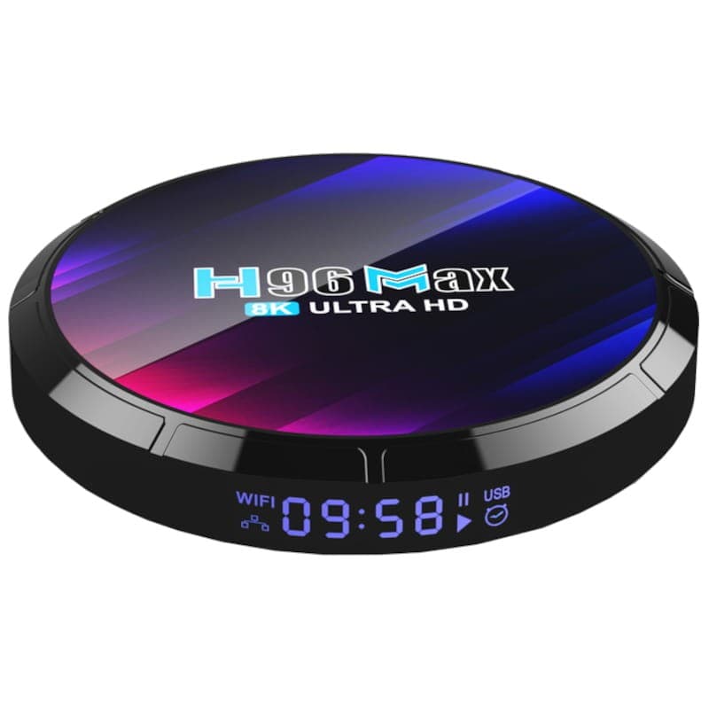H96 MAX RK3528 Android TV preto, corpo circular fino com tampa em gradiente roxo e azul, display frontal com hora, ícones Wi‑Fi e USB, destaque 8K Ultra HD