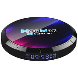 H96 MAX RK3528 Android TV preto, corpo circular fino com tampa em gradiente roxo e azul, display frontal com hora, ícones Wi‑Fi e USB, destaque 8K Ultra HD