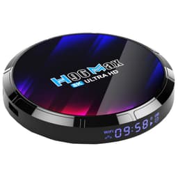 H96 MAX RK3528 4GB 64GB Android 13 preto, design circular brilhante com LEDs frontais, visor digital com hora, portas USB e Wi-Fi, suporte 8K Ultra HD