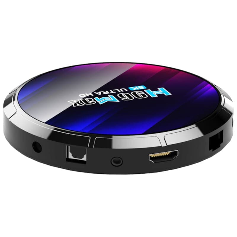 H96 MAX RK3528 Android 13 preto, design circular compacto, porta HDMI, LAN e ótica; destaque em azul e roxo com logotipo 8K Ultra HD na tampa