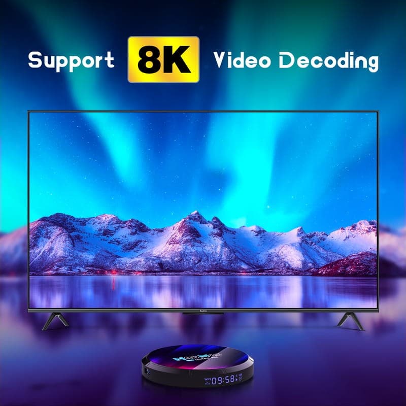 H96 MAX RK3528 4GB/64GB Android 13 Preto – Android TV, box circular com display LED frontal, logotipo colorido e destaque para decodificação 8K na tela