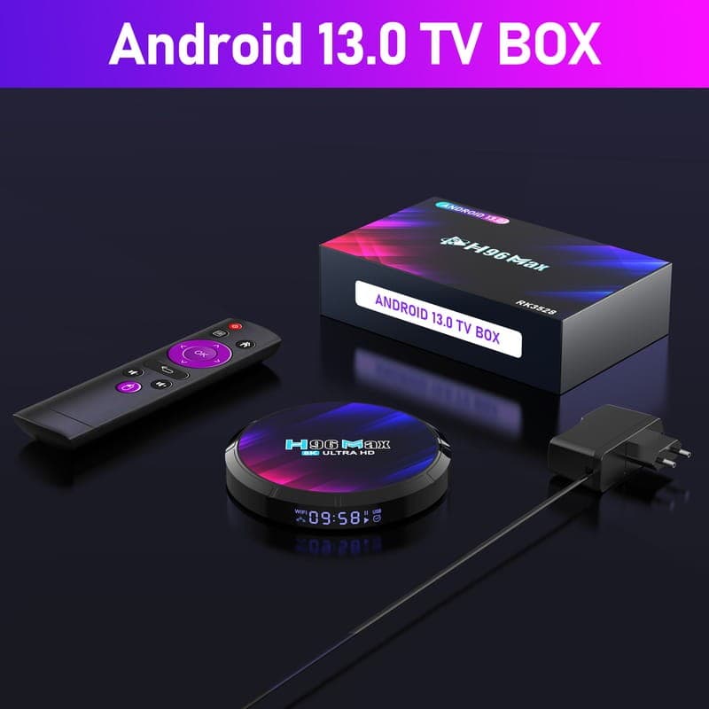 H96 MAX RK3528 preto com Android 13, TV Box circular com display LED 09:58, controle remoto roxo e preto, fonte bivolt e caixa do produto ao fundo