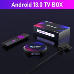 H96 MAX RK3528 preto com Android 13, TV Box circular com display LED 09:58, controle remoto roxo e preto, fonte bivolt e caixa do produto ao fundo