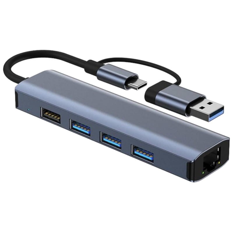 Hub USB BYL-2208 5 en 2 USB 3.0+Tipo-C/RJ45 (Gigabit)+USB 3.0+2.0 Gris - Ítem