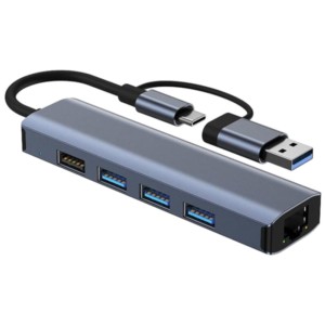 Hub USB BYL-2208 5 em 2 USB 3.0+Tipo C/RJ45 (Gigabit)+USB 3.0+2.0 Cinza