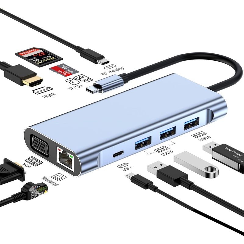 Hub BYL-2310 11-en-1 USB Tipo-C a HDMI/USB 3.0/RJ45/USB Tipo C/PD/3.5mm Negro - Ítem1