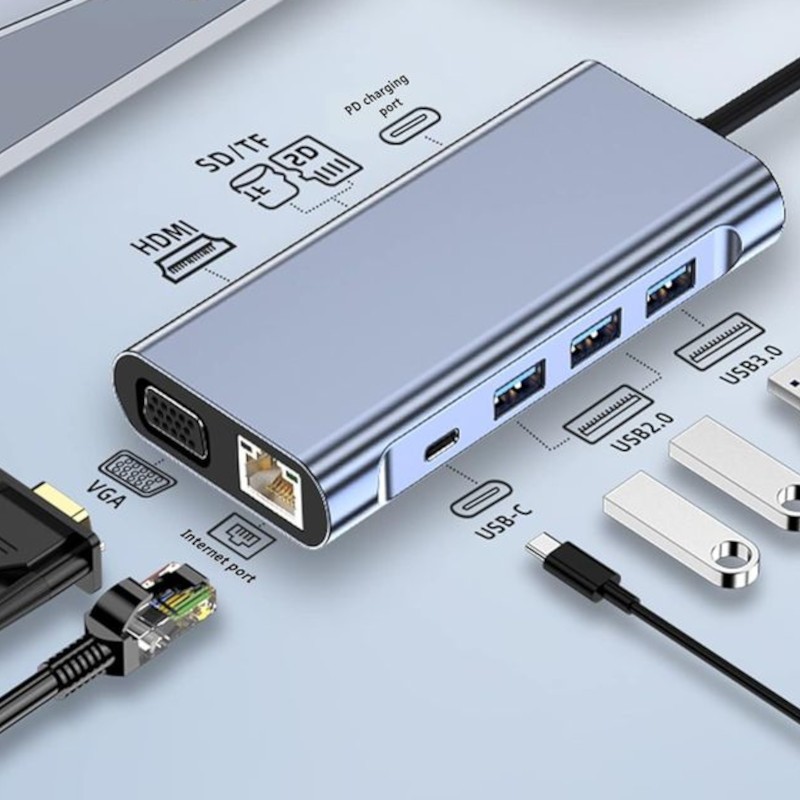 Hub BYL-2310 11-en-1 USB Tipo-C a HDMI/USB 3.0/RJ45/USB Tipo C/PD/3.5mm Negro - Ítem2