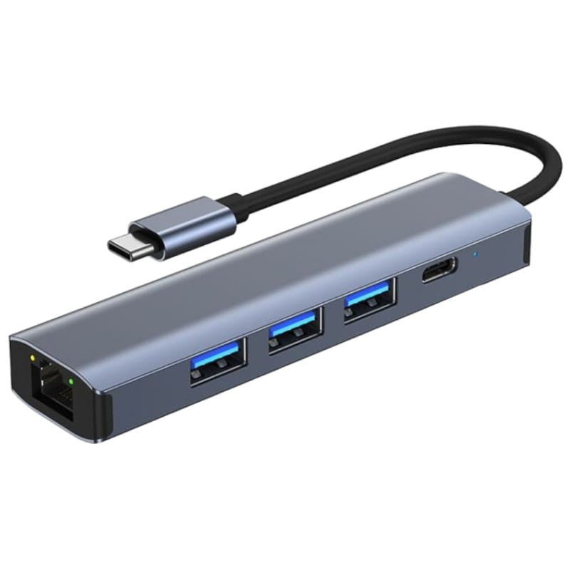 Hub USB BYL-2302 5 em 1 USB Tipo-C/USB 3.0+Tipo C 100W+RJ45 Cinza - Item