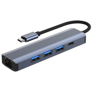 Hub USB BYL-2302 5 em 1 USB Tipo-C/USB 3.0+Tipo C 100W+RJ45 Cinza