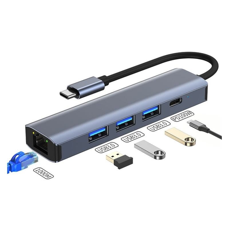 Hub USB BYL-2302 5 em 1 USB Tipo-C/USB 3.0+Tipo C 100W+RJ45 Cinza - Item1