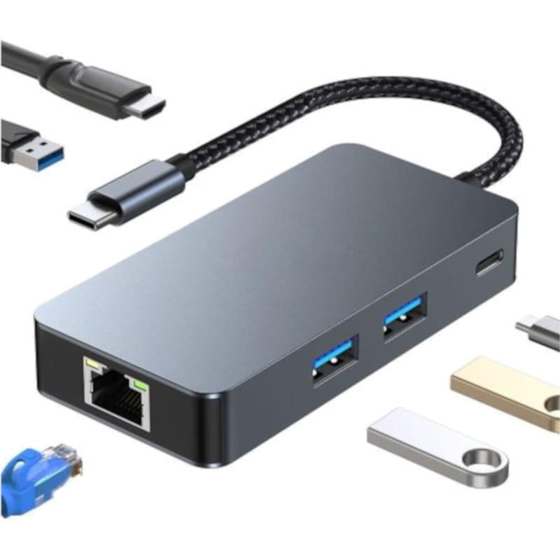 Hub BYL-2308 6 em 1 USB Tipo C para USB3.2/RJ45/USB Tipo C/Micro USB/HDMI Preto - Item1
