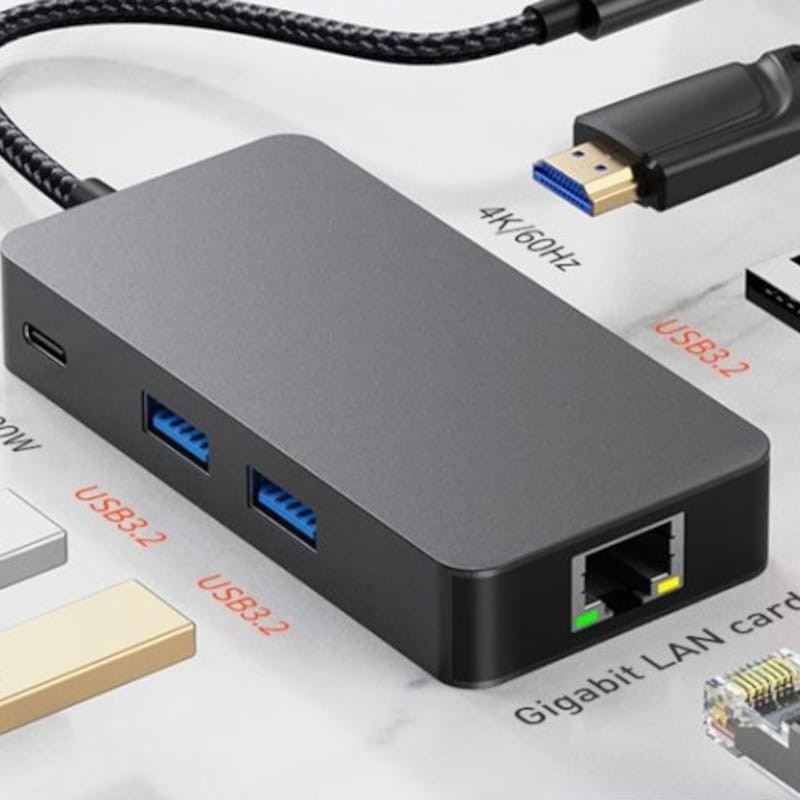 Hub BYL-2308 6 em 1 USB Tipo C para USB3.2/RJ45/USB Tipo C/Micro USB/HDMI Preto - Item2