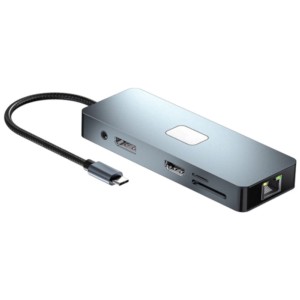 Hub BYL-2309 11 en 1 USB Type-C vers HDMI/USB Type C/VGA/RJ45/USB3.2/Jack 3,5 mm/PD100W Argent