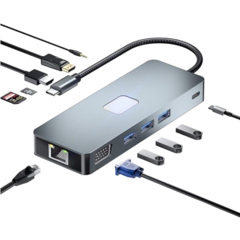 Hub BYL-2309 11 em 1 USB tipo C para HDMI/USB tipo C/VGA/RJ45/USB3.2/3,5 mm Jack/PD100W Prata - Item1