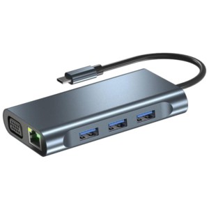 Hub BYL-2311 8 em 1 USB Tipo C para USB3.2/USB Tipo C/ HDMI/VGA/RJ45 Preto