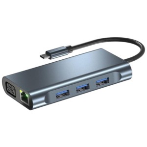 Hub BYL-2311 8 en 1 USB Tipo-C a USB3.2/USB Tipo C/ HDMI/VGA/RJ45 Negro