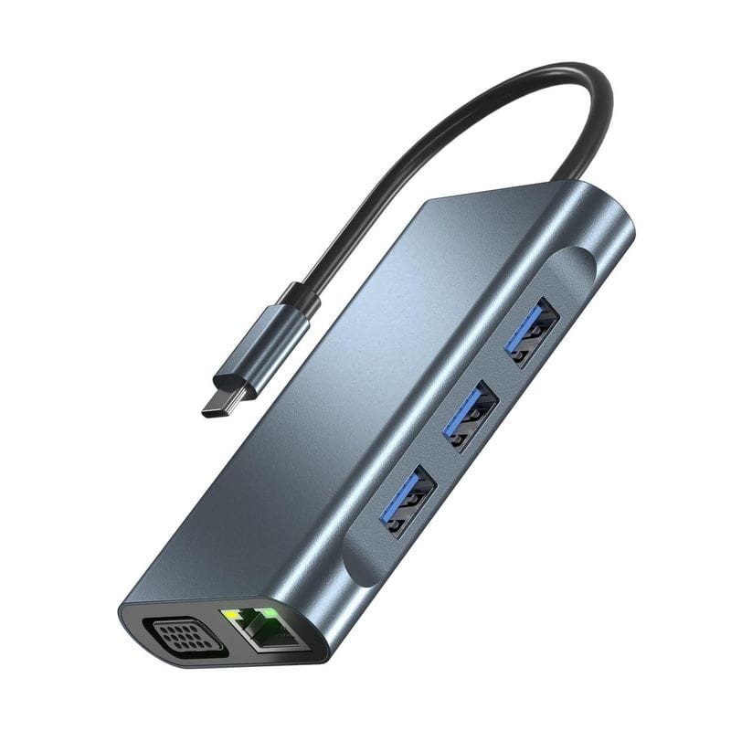 Hub BYL-2311 8 em 1 USB Tipo C para USB3.2/USB Tipo C/ HDMI/VGA/RJ45 Preto - Item1