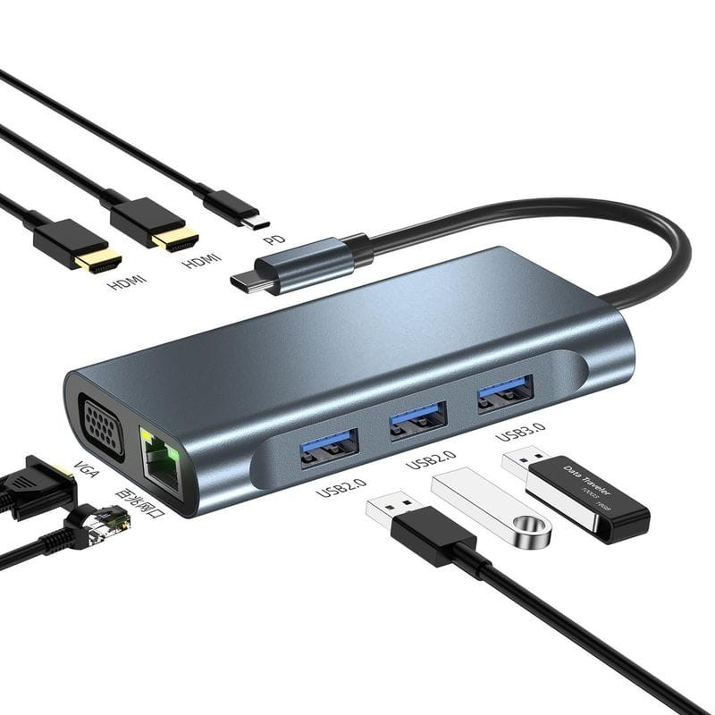 Hub BYL-2311 8 en 1 USB Tipo-C a USB3.2/USB Tipo C/ HDMI/VGA/RJ45 Negro - Ítem3