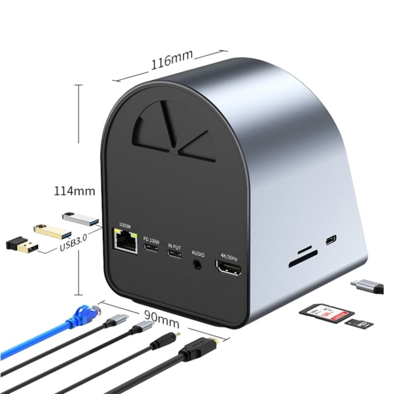 Adaptador BYL-2211 10 em 1 USB tipo C para HDMI/USB/USB tipo C/SD/TF/HDMI/3,5 mm Jack/VGA com Carregador sem fio Preto - Item2