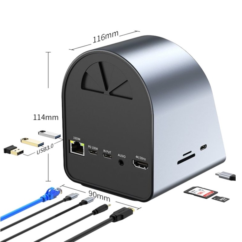Adaptador BYL-2211 10-en-1 USB Tipo C a HDMI/USB/USB Tipo C/SD/TF/HDMI/Jack 3.5mm/VGA con Cargador Inalámbrico Negro - Ítem2