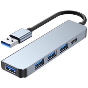Hub USB BYL-2301U 5 em 1 USB Tipo C+USB 3.0 Prata