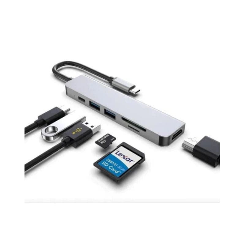 Adaptável Hub USB BYL-2010 6 em 1 USB Tipo-C/HDMI+USB 3.0+USB 2.0+Tipo C+microSD+TF Cinza