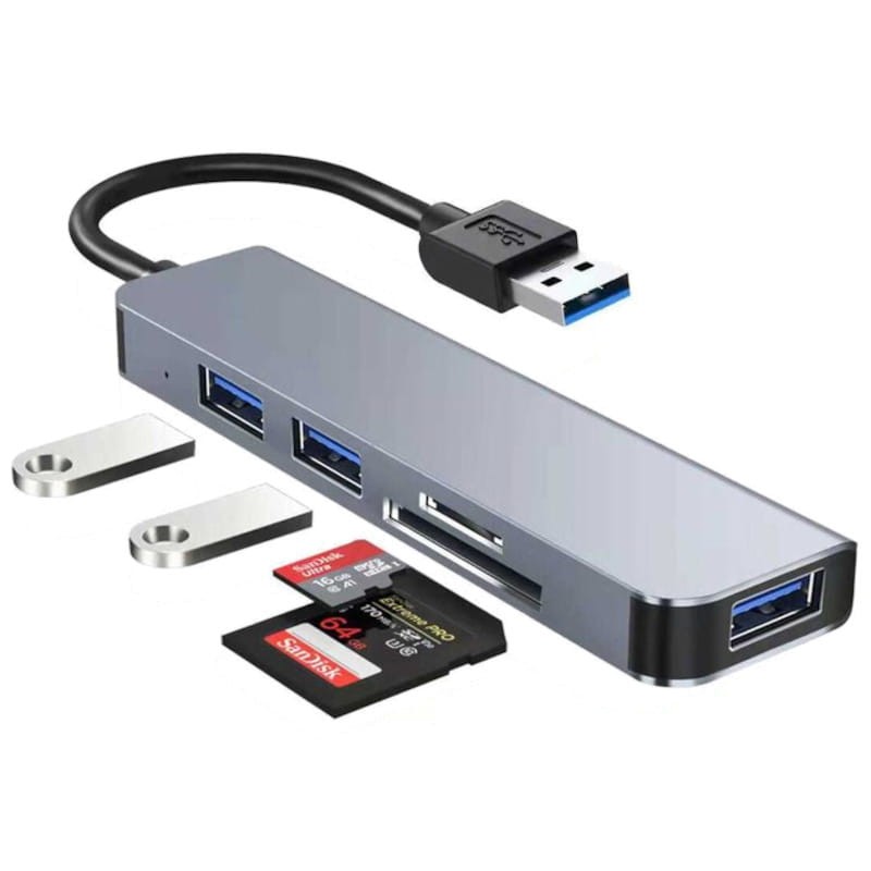Hub USB BYL-2103U 5 en 1 USB/USB 3.0+2.0+Tarjeta SD+microSD Plata - Ítem1
