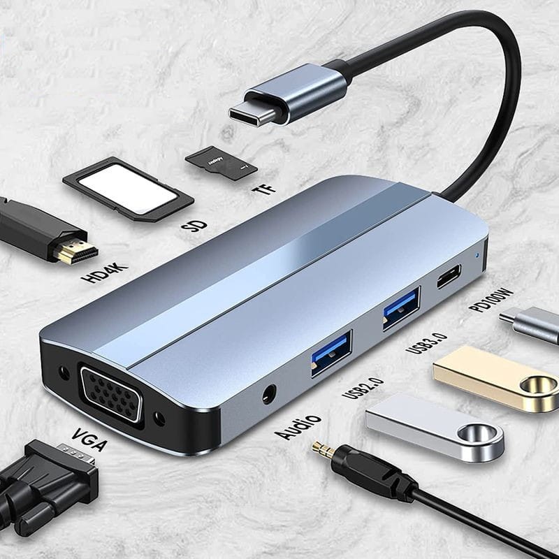 Hub USB BYL-2105 8 en 1 USB-C /USB 3.0+2.0+USB Tipo C+VGA+HDMI+microSD+TF Plata - Ítem2
