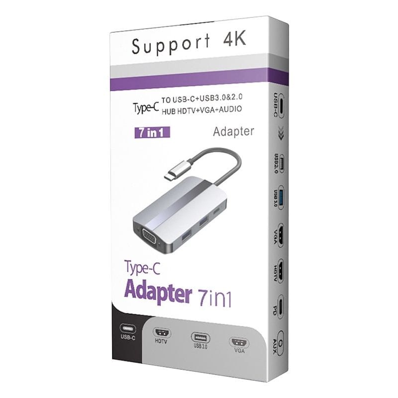 Hub USB BYL-2106 7 en 1 USB-C/USB 3.0+2.0+USB Tipo C+VGA+HDMI Plata - Ítem3