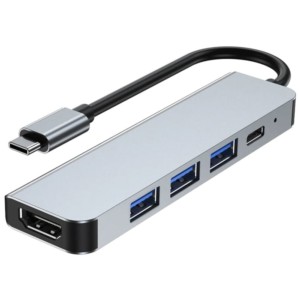 Hub USB BYL 2008 5 em 1 USB Tipo-C/HDMI+USB 3.0+USB 2.0+USB Tipo C Prata