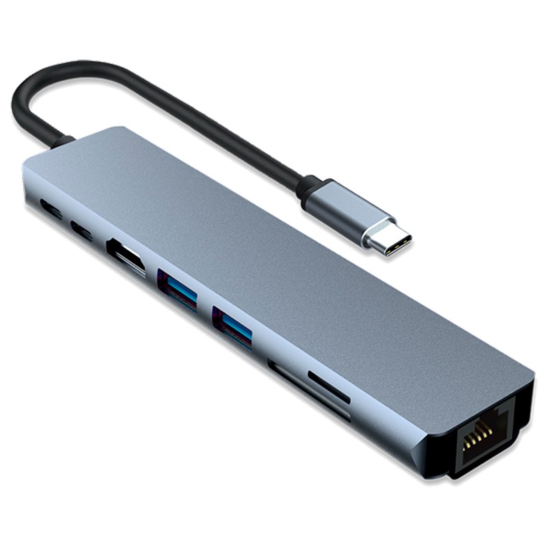 Hub USB-C 8 em 1 com HDMI, 2x USB 3.0, USB-C, USB-C PD, SD/TF e RJ45 100 Mbps - Item