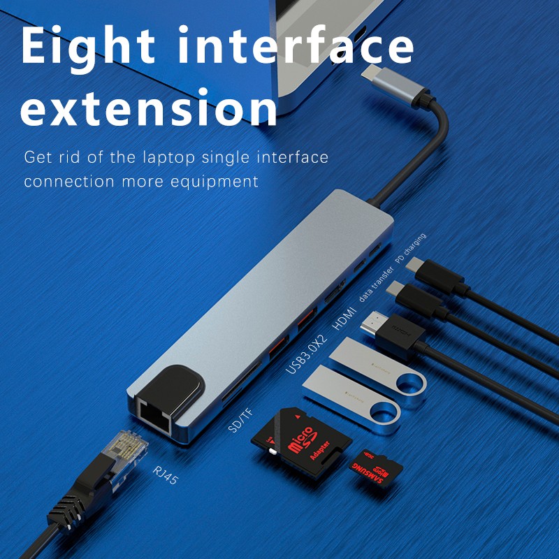Hub USB-C 8 en 1 con HDMI, 2x USB 3.0, USB-C, USB-C PD, SD/TF y RJ45 100 Mbps - Ítem1