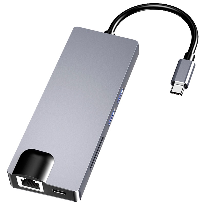 Hub USB-C 8 em 1 com HDMI, VGA, 2x USB 3.0, USB-C PD, SD/TF e RJ45 1000 Mbps - Item