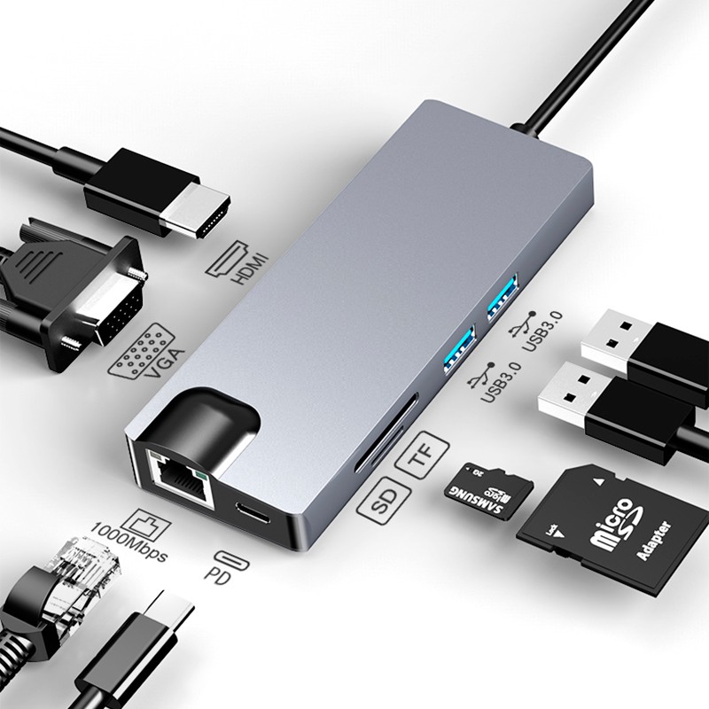 Hub USB-C 8 en 1 con HDMI, VGA, 2x USB 3.0, USB-C PD, SD/TF y RJ45 1000 Mbps - Ítem1